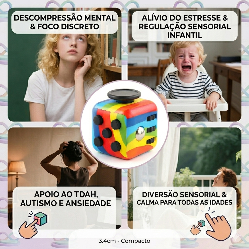 Cubo de regulação sensorial ZemKids, brinquedo fidget antiestresse com botões e texturas para estimular e aliviar o estresse.