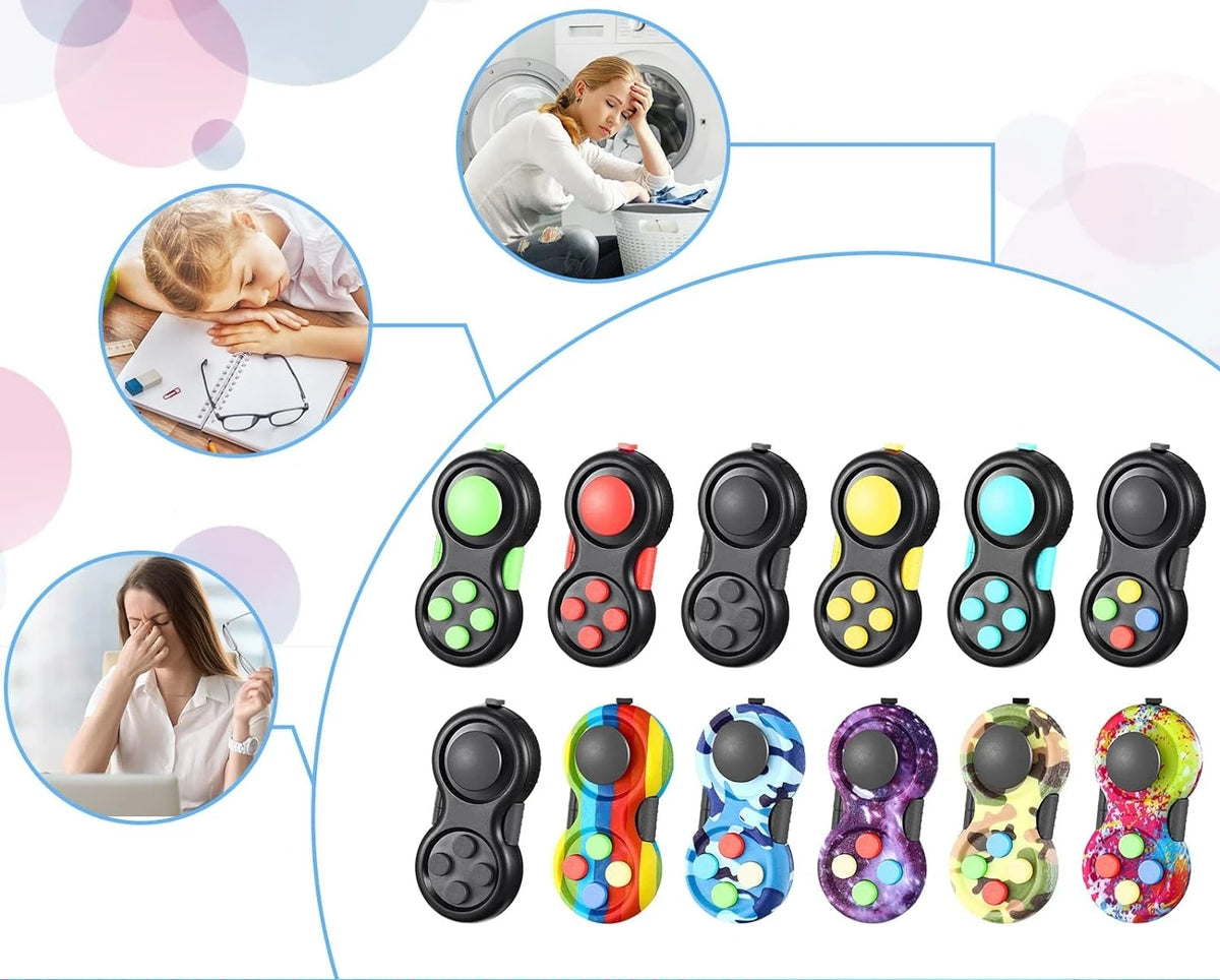 Controle Fidget Pad Retrô Zemkids, brinquedo sensorial antiestresse com 8 funções para foco e diversão.