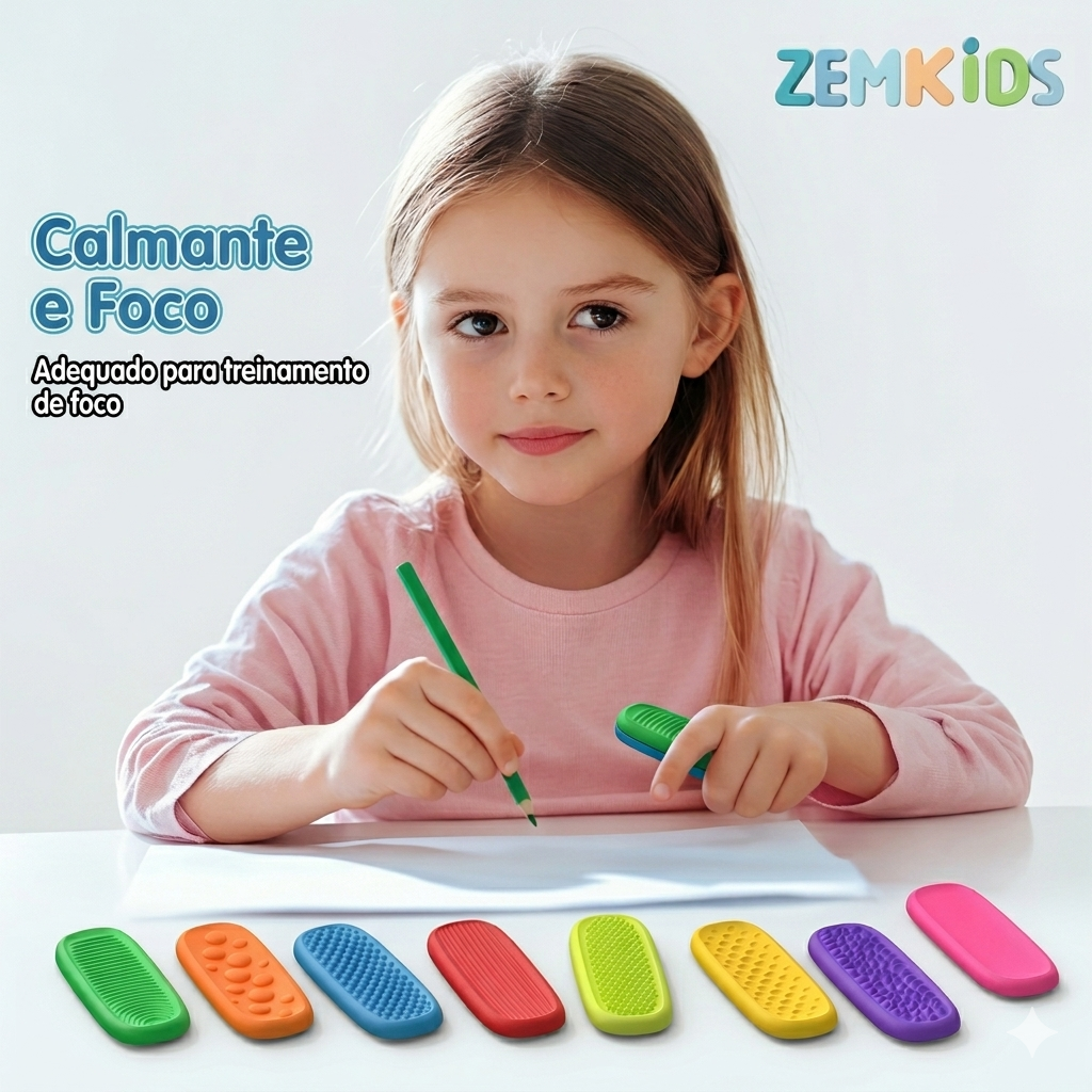 Kit com 8 plaquinhas sensoriais de silicone da Zem Kids, brinquedos calmantes para aliviar ansiedade e ajudar no autismo.