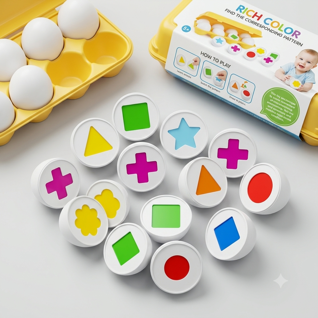 Ovos de encaixar Montessori Zem Kids, brinquedo sensorial de cores e formas com 12 peças para crianças pequenas.