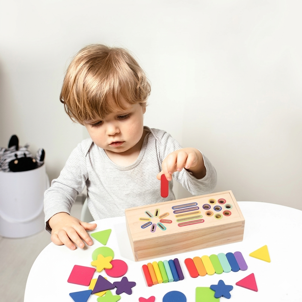 Brinquedo educacional Montessori Zem Kids em madeira para classificação de formas e cores, ideal para aprendizado infantil.
