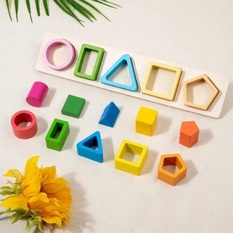 Brinquedo Montessori de Madeira Zem Kids, torre de empilhamento e classificação geométrica para estímulo precoce.