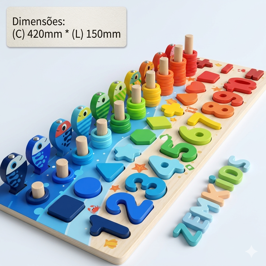 Tabuleiro Montessori 5 em 1 Zem Kids com pescaria magnética, números e formas em madeira para aprendizado infantil.
