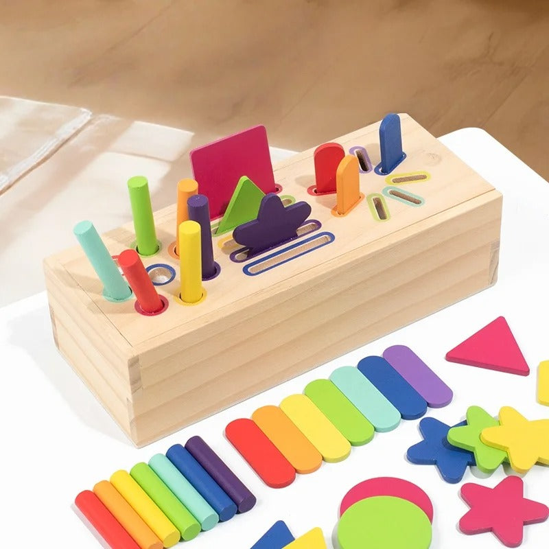 Brinquedo Montessori Zem Kids de madeira com formas geométricas 3D para classificação de cores e formas.