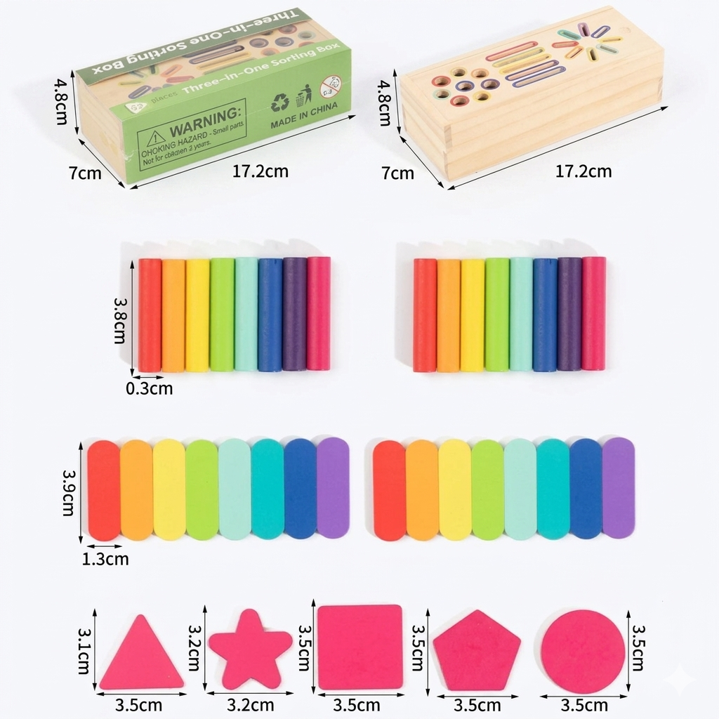 Brinquedo Montessori de madeira Zem Kids com formas geométricas e cores para classificação e aprendizado infantil.