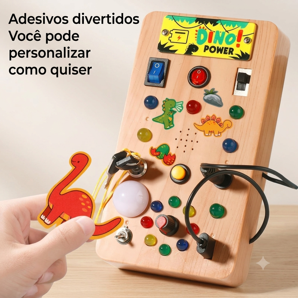 Painel Montessori LED Zem Kids com interruptores, luzes coloridas e quadro de atividades sensoriais para crianças.