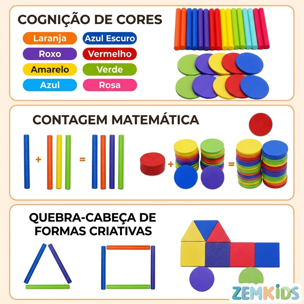 Brinquedo Montessori de Madeira Zem Kids 2 em 1 para classificação de cores e formas geométricas, desenvolvimento sensorial.