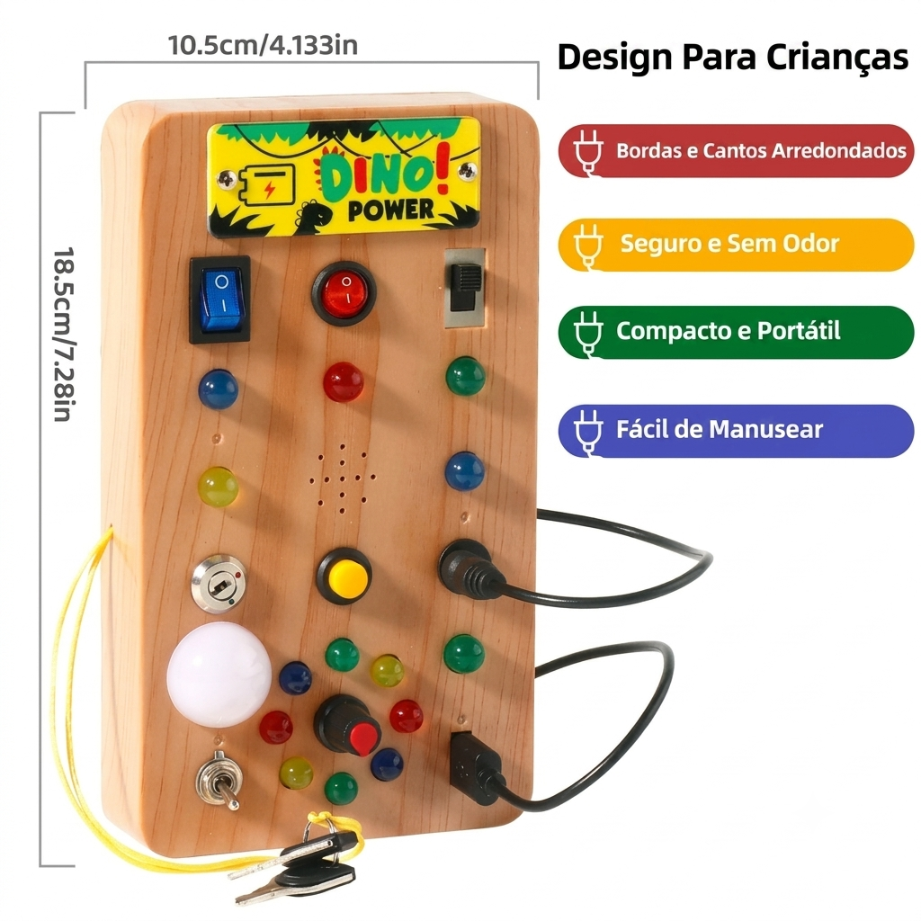 Painel Montessori LED da Zem Kids com interruptores, luzes e atividades educativas para crianças pequenas.