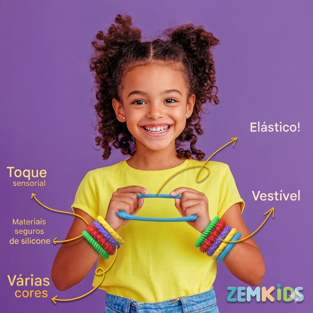 Kit com 5 pulseiras sensoriais Zem Kids para alívio de ansiedade e TDAH, ideal para crianças com estímulos táteis.