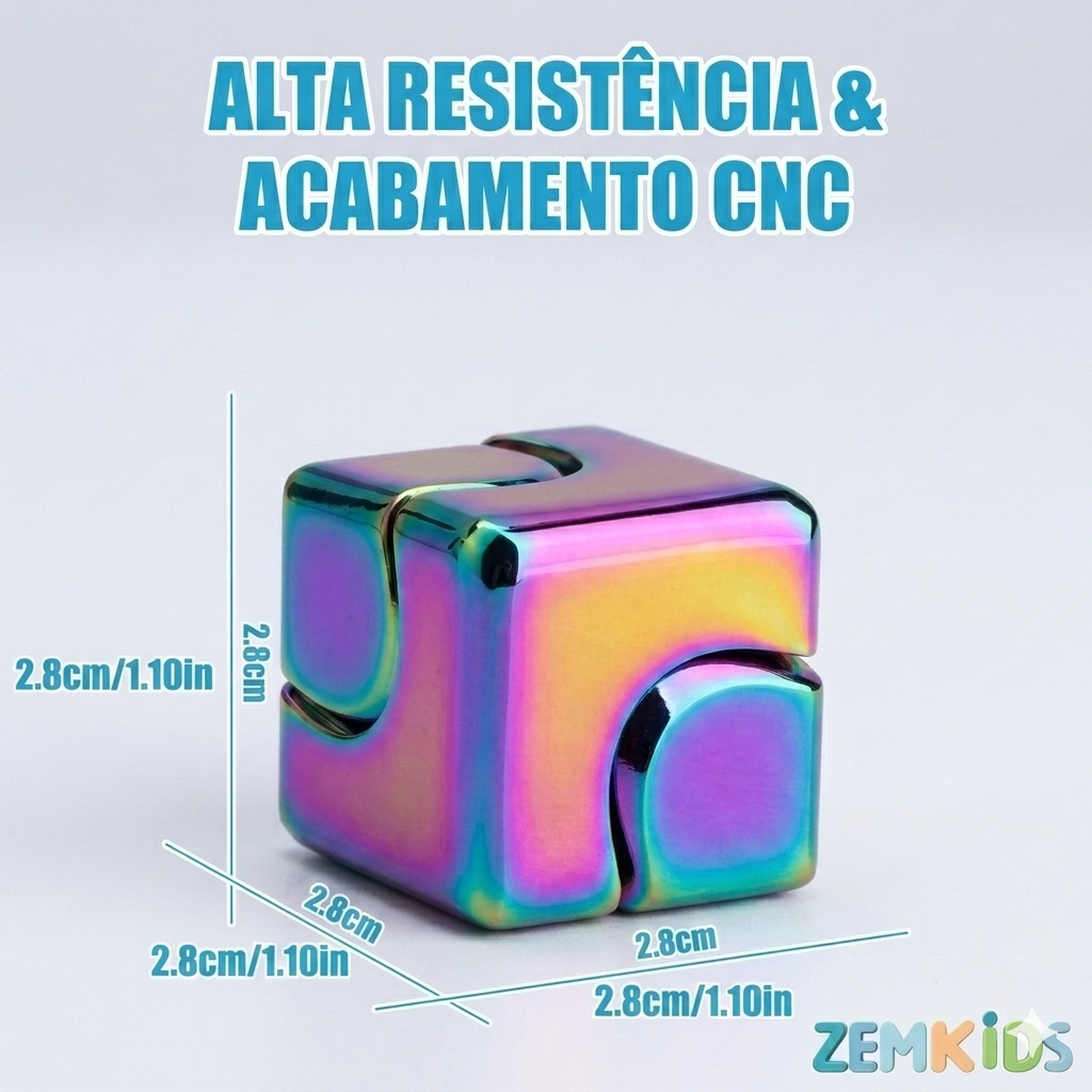 Cubo giroscópio metálico premium Zem Kids, fidget sensorial 2 em 1, com design anti-estresse e tecnologia laser.