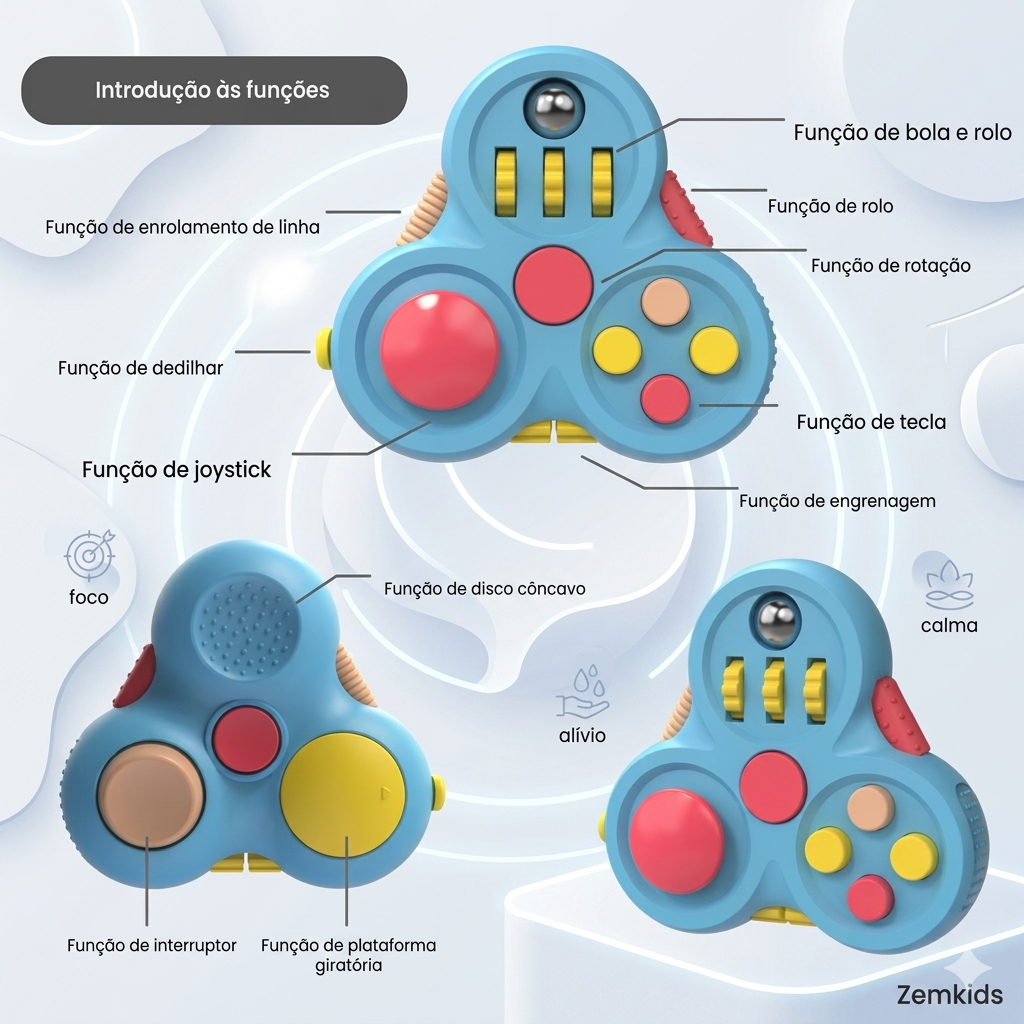 Cubos sensoriais ZenCube 7-em-1 da Zem Kids, brinquedo antiestresse para adultos, ideal para foco e relaxamento no trabalho.