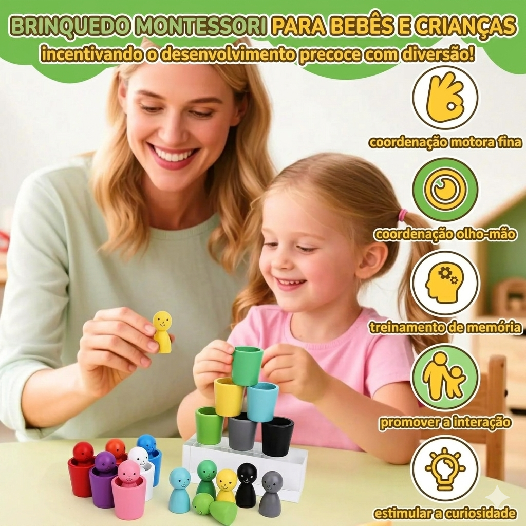 Embalagem de brinquedo Montessori Zem Kids com bonecas de madeira em copos coloridos para classificação de cores e coordenação motora.