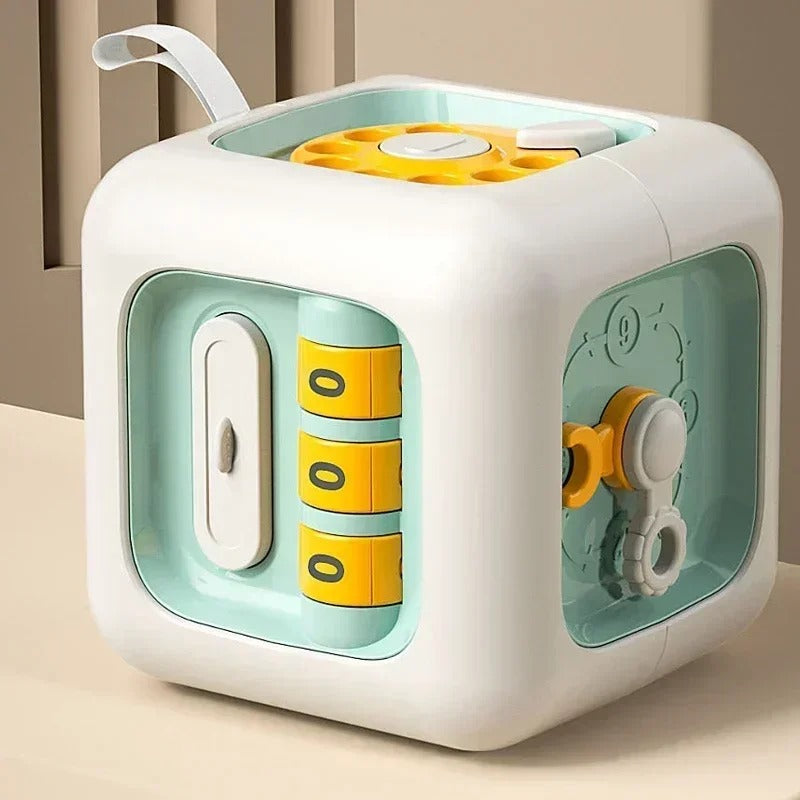 Cubo sensorial Montessori 6 em 1 da Zem Kids, brinquedo educativo portátil para desenvolver habilidades motoras e sensoriais.