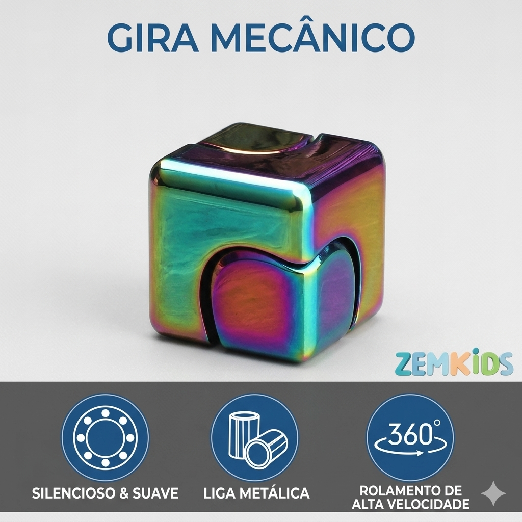 Cubo giroscópio metálico premium Zem Kids, brinquedo fidget sensorial 2 em 1 com design executivo e acabamento metálico sofisticado.