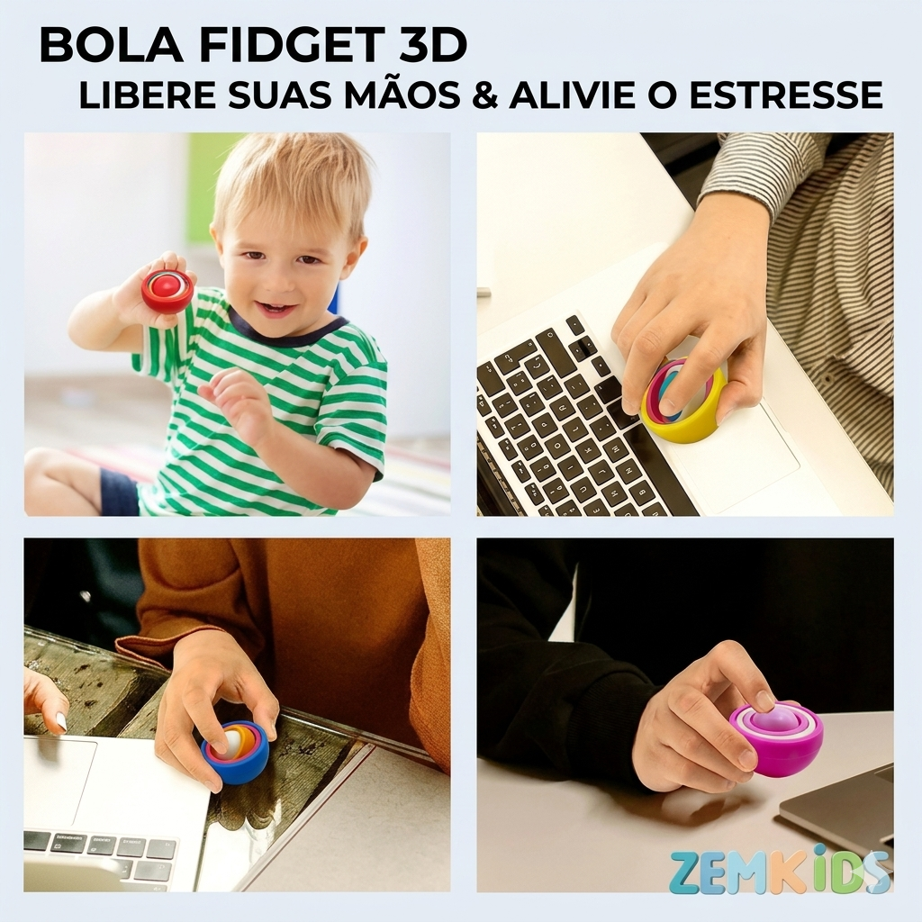 Giroscópio Fidget 3D Zem Kids, brinquedo sensorial para alívio de TDAH e ansiedade, com rotação suave e esfera de foco.