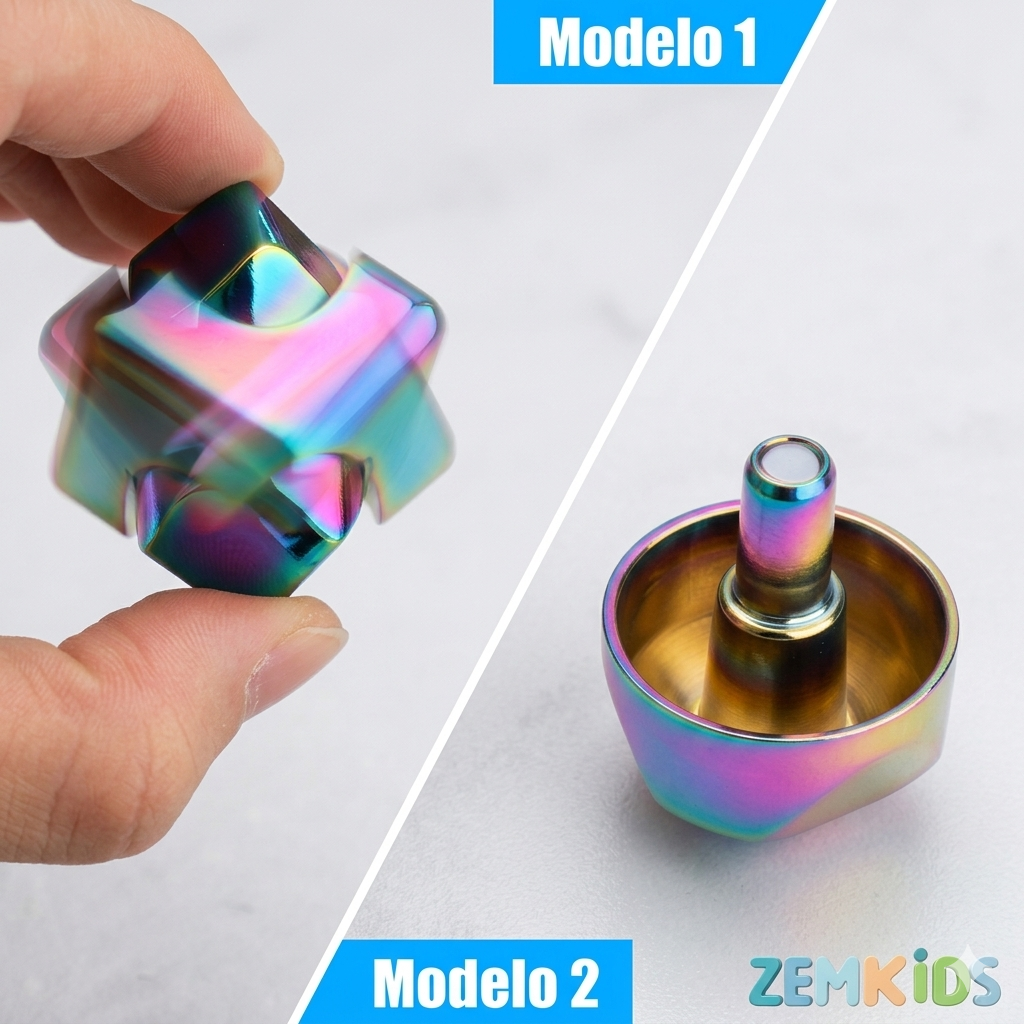 Cubo giroscópio metálico premium Zem Kids, fidget spinner 2 em 1 com brilho neon e design sensorial compacto.