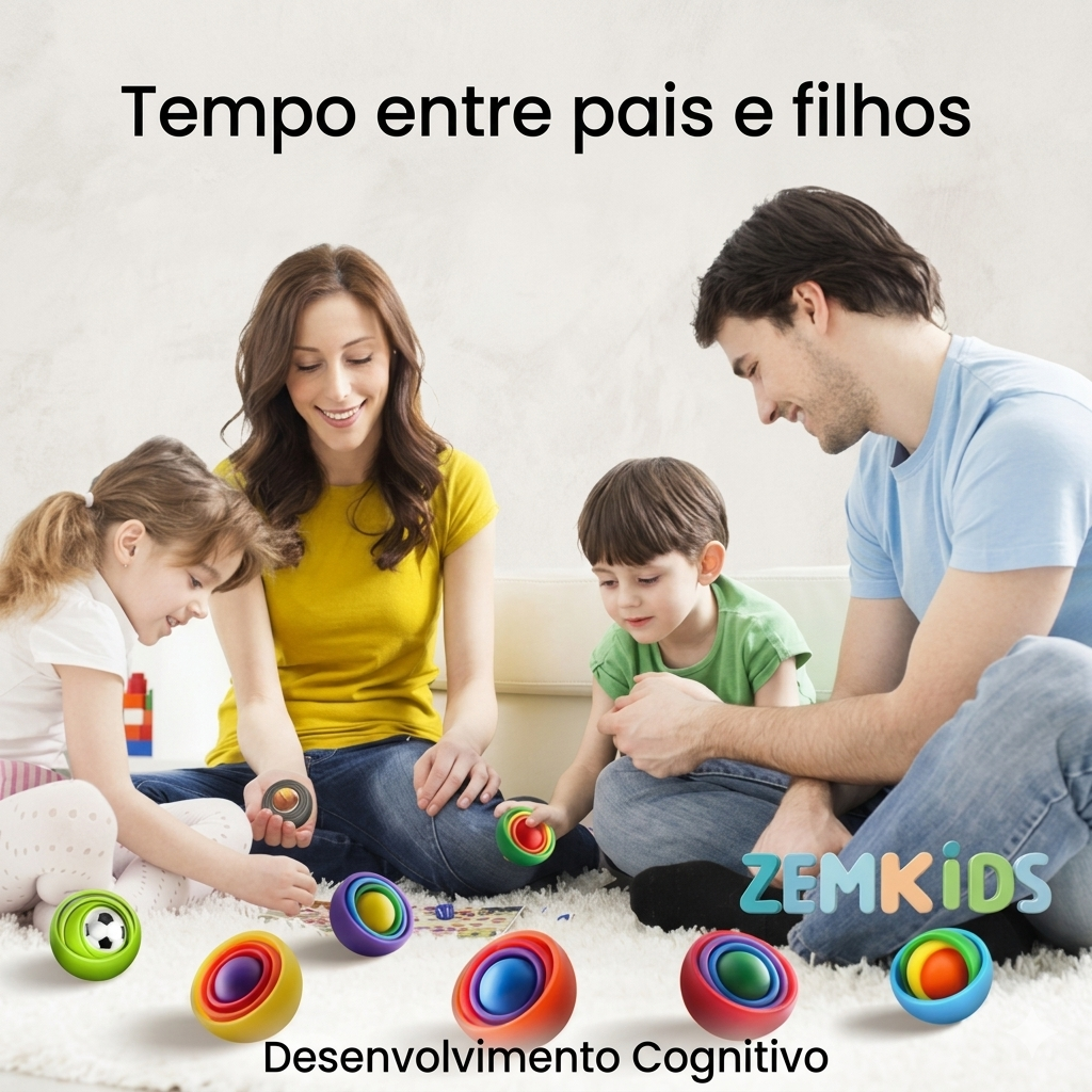 Giroscópio Fidget 3D da Zem Kids, brinquedo sensorial para aliviar ansiedade e TDAH, com esfera de foco em cores vibrantes.