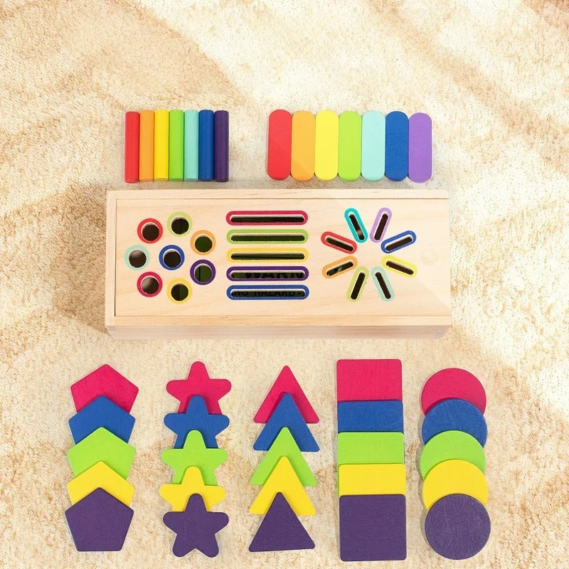 Brinquedo Montessori Zem Kids de madeira para classificação de formas e cores, desenvolvimento infantil e aprendizado sensorial.
