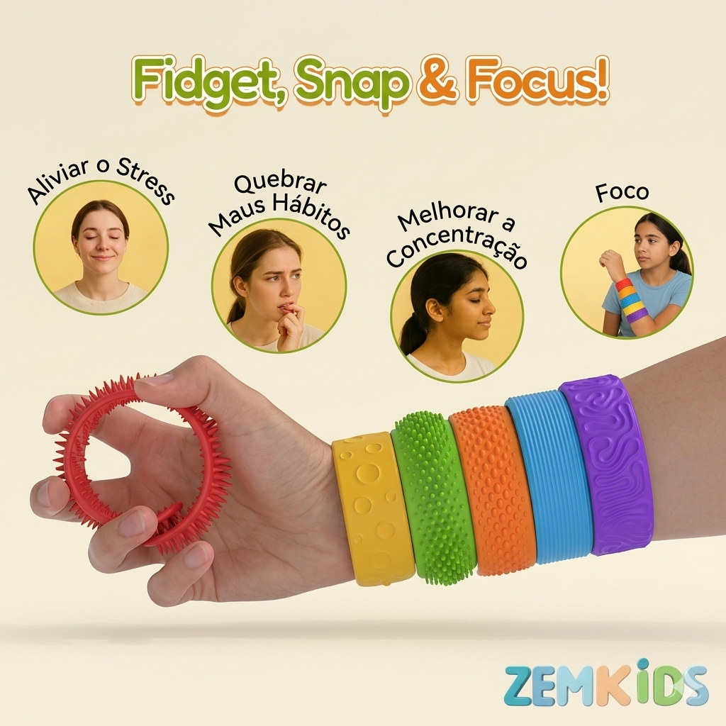 Kit com 6 pulseiras sensoriais Slap da Zem Kids, brinquedos de silicone para autismo, TDAH e regulação tátil para crianças.