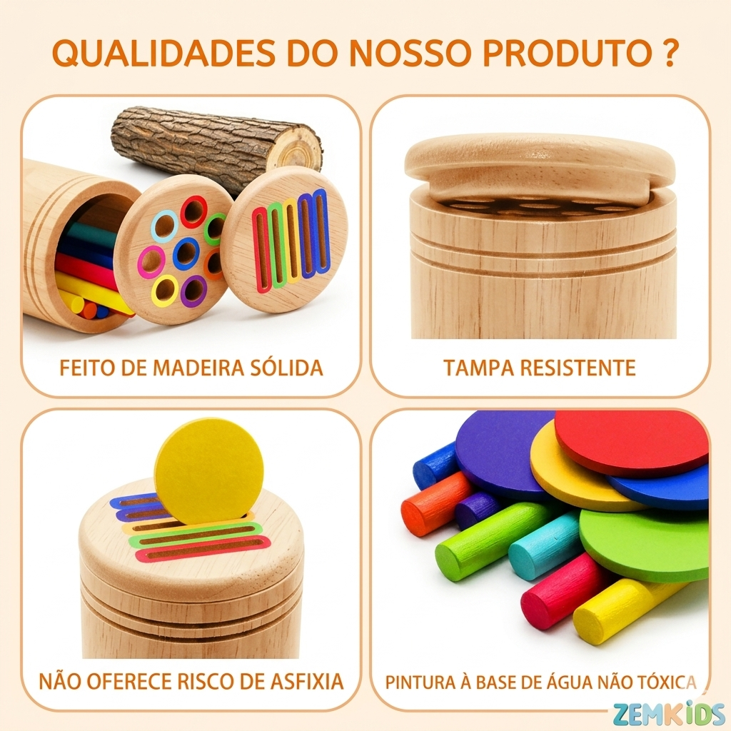 Brinquedo Montessori de Madeira Zem Kids 2 em 1, kit de classificação de cores e formas geométricas para crianças.