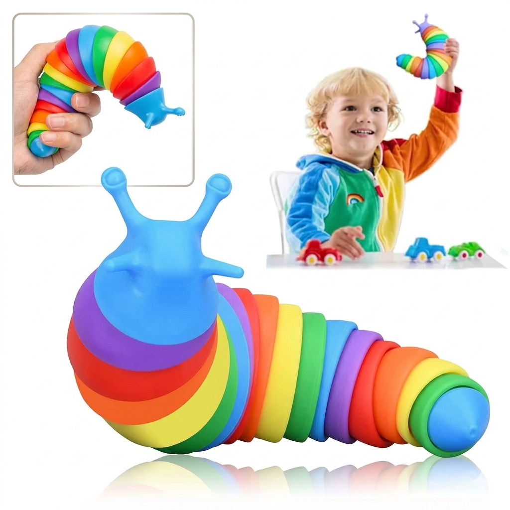 Lesma articulada sensorial Zem Kids, brinquedo fidget flexível colorido, com várias cores, ideal para estímulo e diversão.