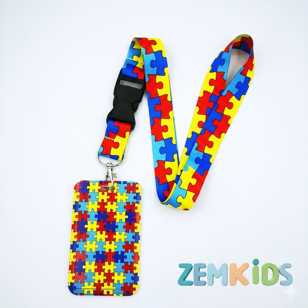 Cordão de identificação autismo Zem Kids com porta-crachá rígido, kit segurança com quebra-cabeça para crianças com autismo.