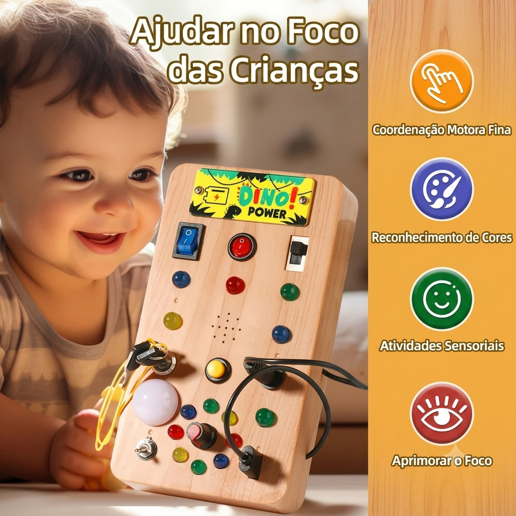 Painel Montessori LED da Zem Kids com interruptores, luzes e atividades educativas para crianças.