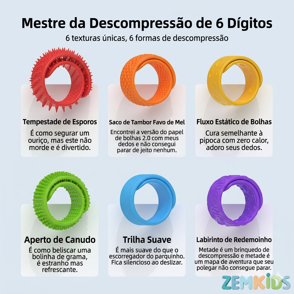 Kit com 6 pulseiras sensoriais Zem Kids em silicone para autismo, TDAH e regulação tátil, ideal para brinquedos sensoriais.