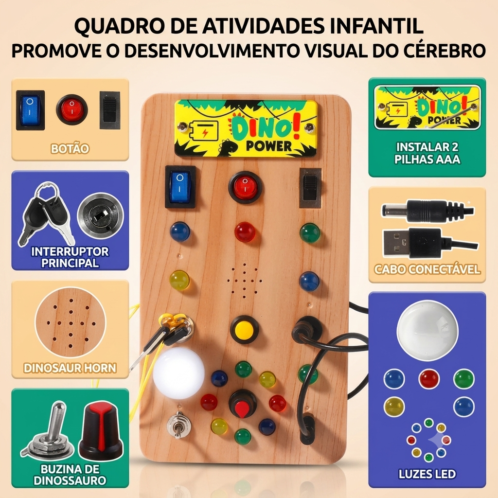 Painel Montessori LED Zem Kids com interruptores, luzes e atividades educativas para crianças. Quadro de atividades interativo.