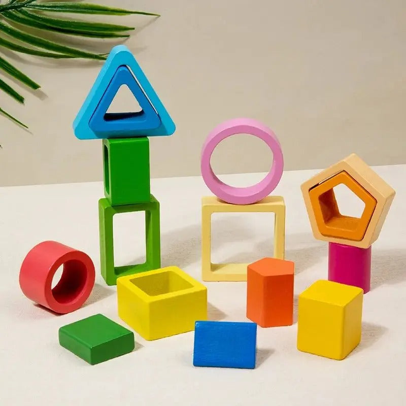 Brinquedo Montessori de Madeira Zem Kids, torre de empilhamento e classificação de formas geométricas coloridas para crianças.