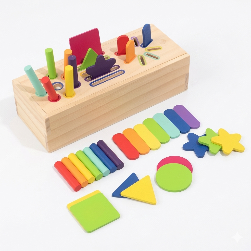 Brinquedo Educacional Montessori Zem Kids de madeira para classificação de formas e cores, estímulo cognitivo pré-escolar.