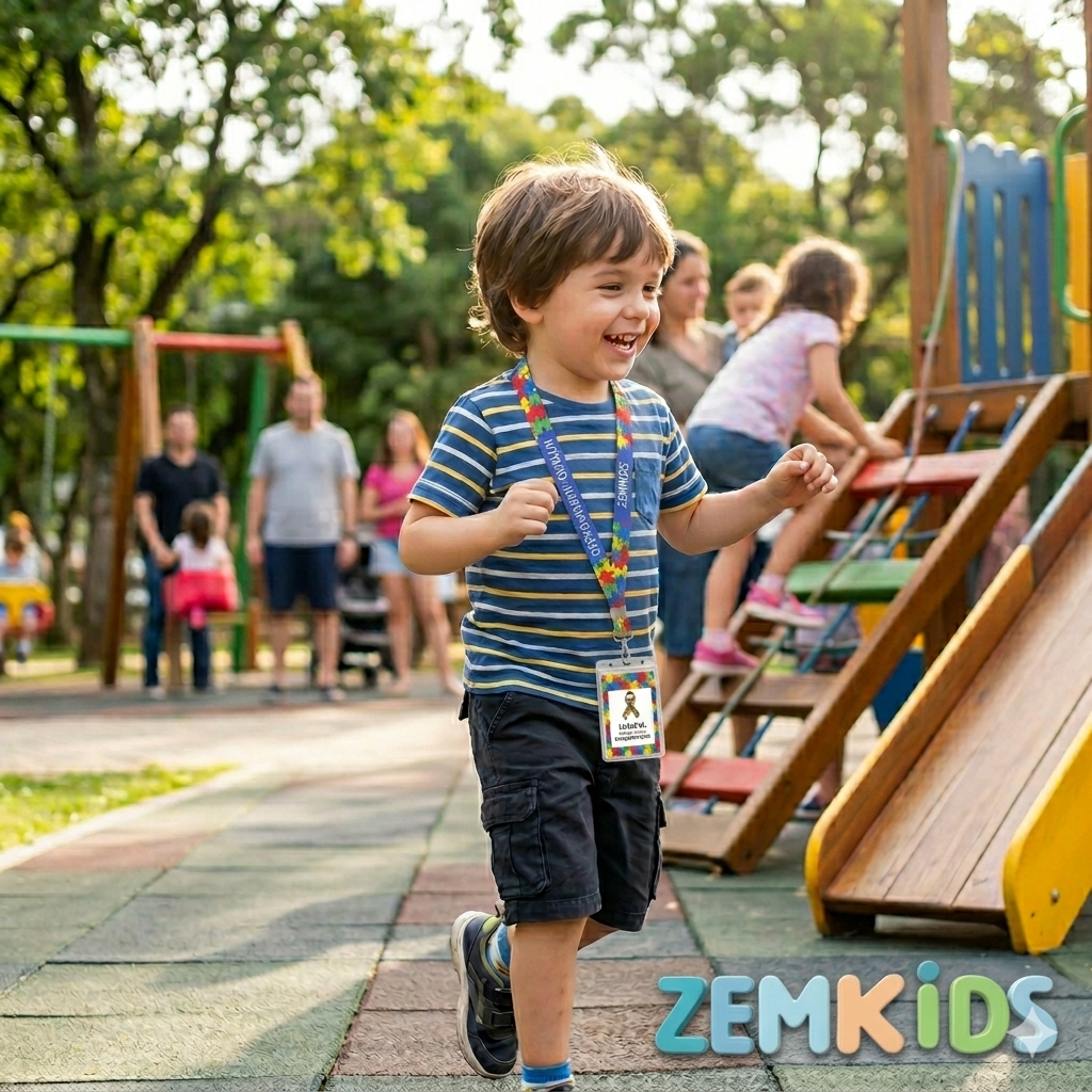 Cordão de identificação autismo quebra-cabeça com porta-crachá rígido, kit de segurança da Zem Kids, usado por crianças com autismo.