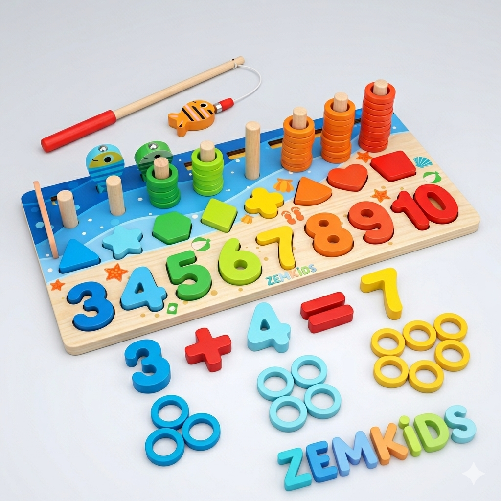 Tabuleiro Montessori 5 em 1 Zem Kids com pescaria, números e formas em madeira, formato em L para aprendizado lúdico.