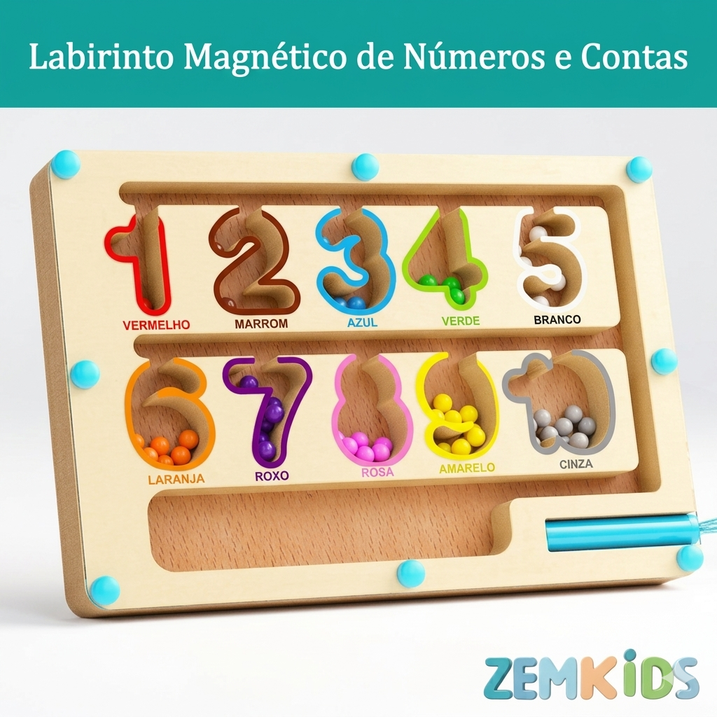 Tabuleiro magnético de madeira Zem Kids com labirinto educativo para treino de foco, contagem e alfabetização numérica.