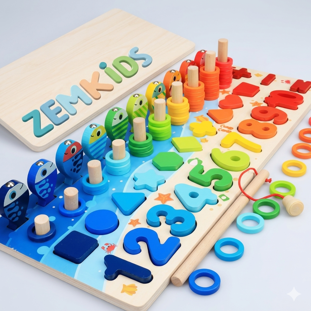 Tabuleiro Montessori 5 em 1 da Zem Kids com jogos de pescaria, números e formas em madeira para crianças.