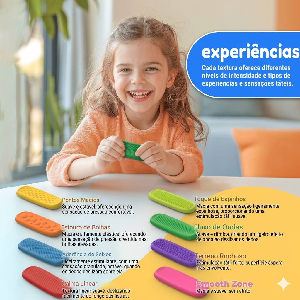 Kit com 8 plaquinhas sensoriais de silicone adesivas para fidget calmantes, ideal para autismo e ansiedade, da Zem Kids.
