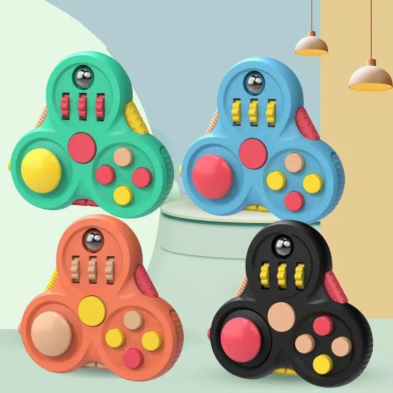 Brinquedo sensorial ZenCube 7-em-1 da Zem Kids, ferramenta anti-estresse para autismo e TDAH, com várias texturas e funcionalidades.