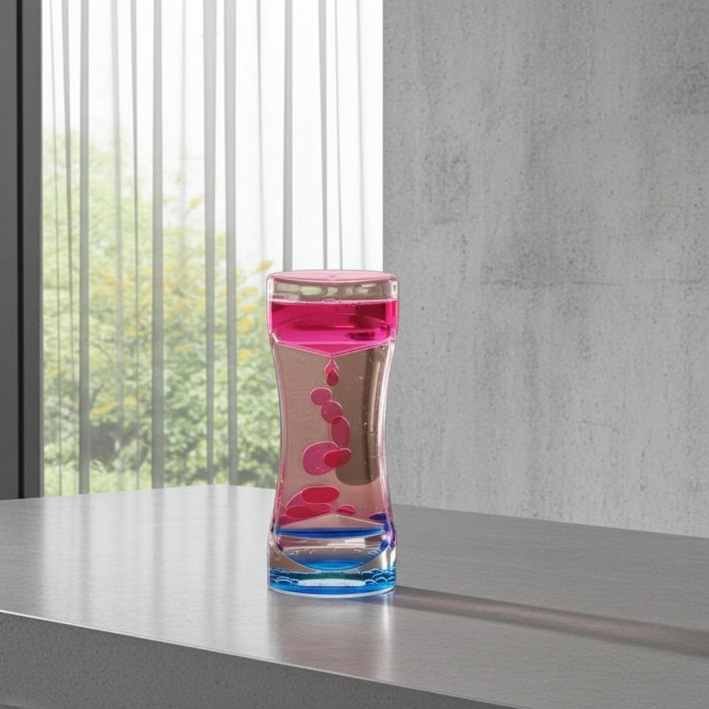 Ampulheta líquida sensorial Zem Kids, brinquedo com cronômetro visual para promover calma e foco, com design colorido e atraente.