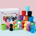 Bonecas de madeira em copos para classificação de cores, brinquedo Montessori da Zem Kids para coordenação motora fina.