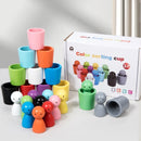 Brinquedo Montessori Zem Kids com bonecas de madeira em copos para classificação de cores e coordenação motora fina.