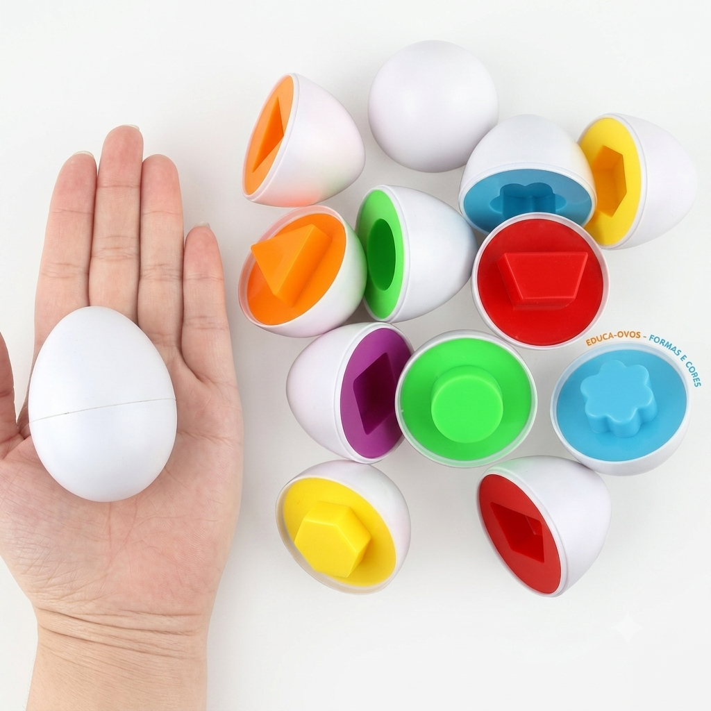 Brinquedo Montessori Zem Kids, kit com 12 ovos de encaixar de cores e formas para desenvolvimento sensorial e motricidade.