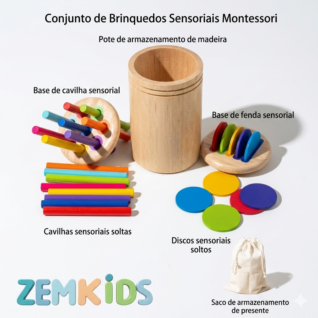 Brinquedo Montessori de madeira Zem Kids 2 em 1, kit de classificação de cores e formas geométricas para crianças.