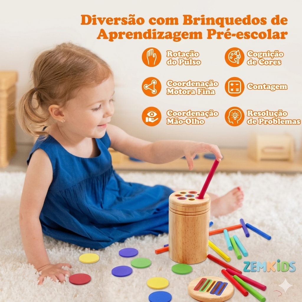 Brinquedo Montessori de Madeira Zem Kids 2 em 1 para classificação de cores e formas geométricas para crianças.