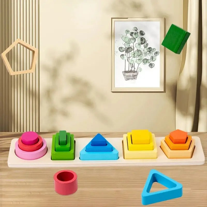 Brinquedo Montessori de Madeira da Zem Kids, torre de empilhamento e classificação geométrica para crianças.