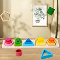 Brinquedo Montessori de Madeira da Zem Kids, torre de empilhamento e classificação geométrica para crianças.