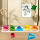Brinquedo Montessori de Madeira da Zem Kids, torre de empilhamento e classificação geométrica para crianças.