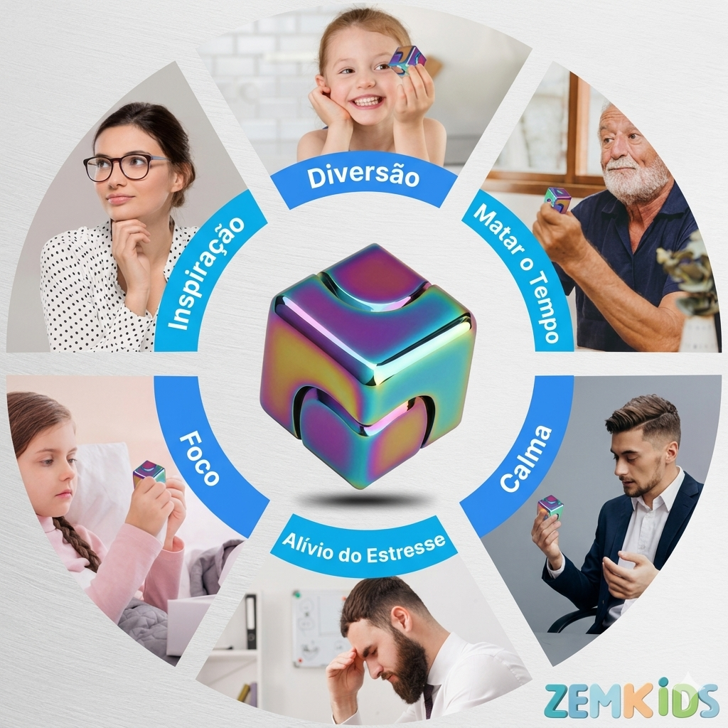 Cubo giroscópio metálico premium Zem Kids, brinquedo sensorial 2 em 1 para foco e alívio do TDAH.