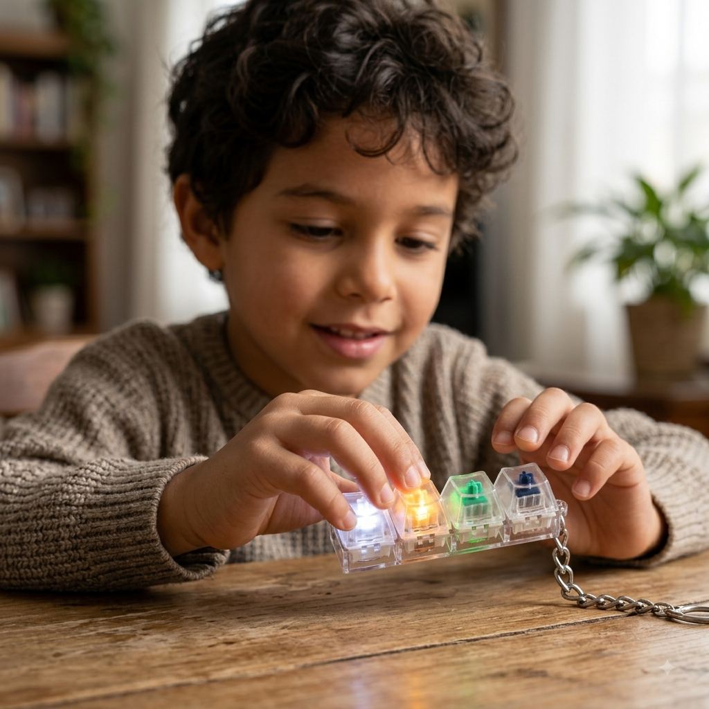 Chaveiro com teclado mecânico sensorial da Zem Kids, fidget toy com 4 teclas LED RGB para foco e alívio do estresse.