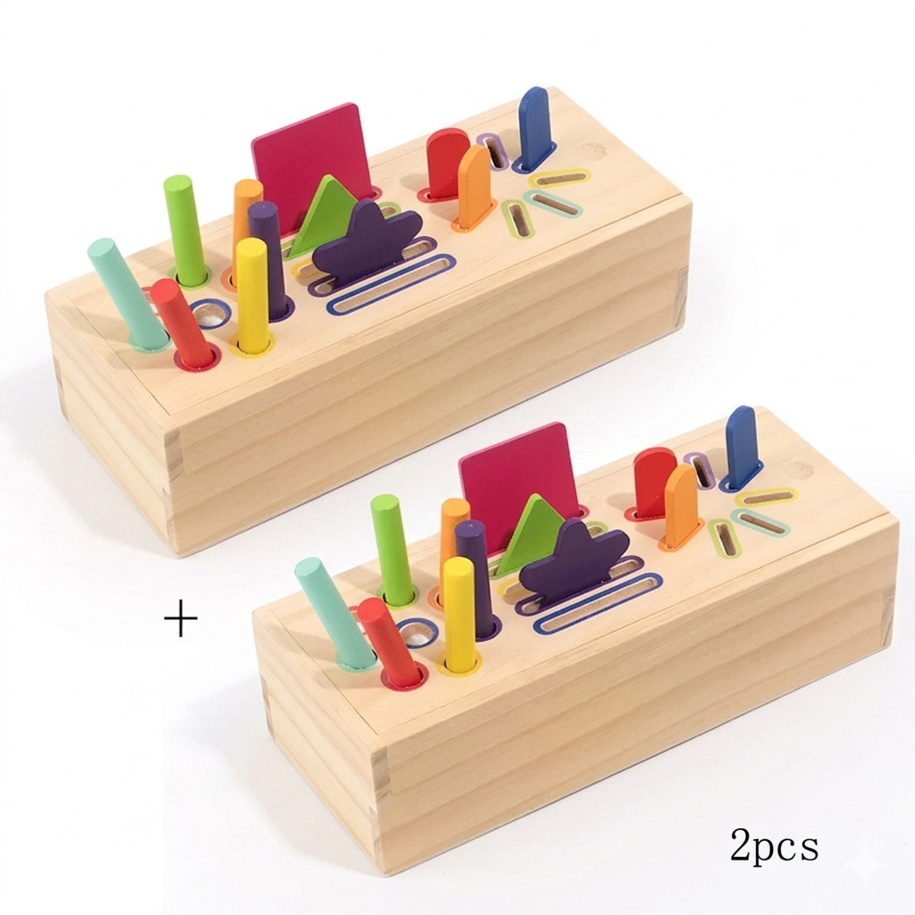 Caixa de encaixe Montessori Zem Kids com 12 furos para classificação de formas e cores em madeira.