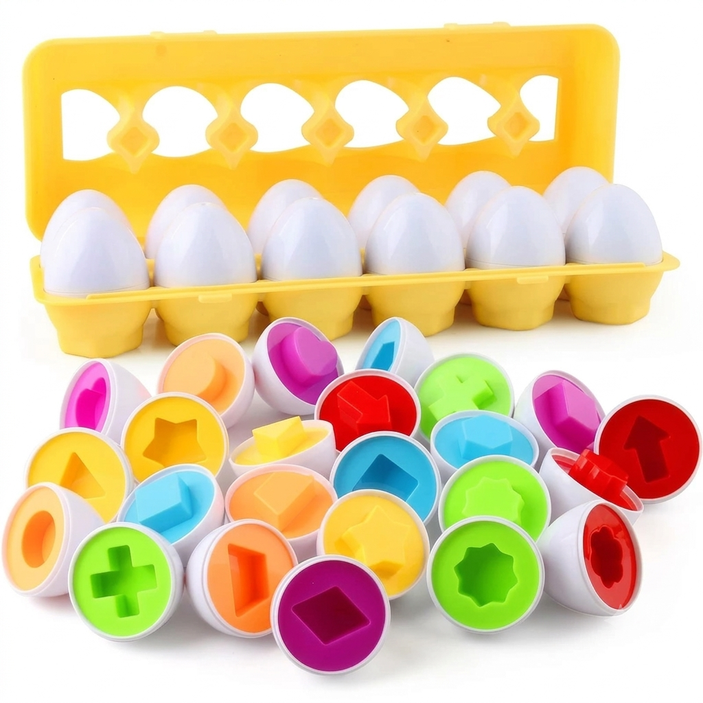 Caixa com 12 ovos de encaixar Montessori da Zem Kids, brinquedo sensorial de cores e formas para desenvolvimento infantil